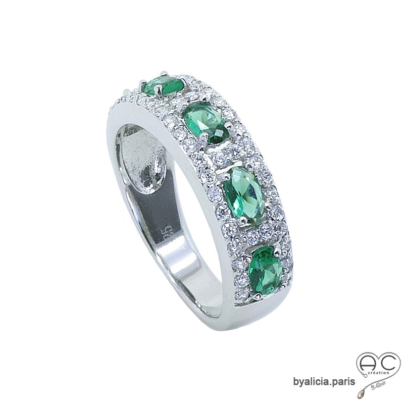 Bague Anneau Pierre Vert Meraude Et Blanc Argent Femme Joaillerie