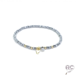 Bracelet hématite, pierre naturelle, pampille poisson en plaqué or et petit brillant en cristal,  gipsy, bohème, création 