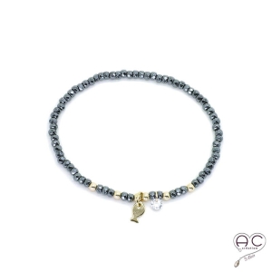 Bracelet hématite, pierre naturelle, pampille poisson en plaqué or et petit brillant en cristal, gipsy, bohème, création 