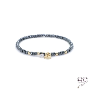 Bracelet hématite, pierre naturelle, pampille médaille en plaqué or et petit brillant en cristal, gipsy, bohème, création 