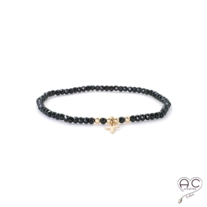 Bracelet spinelle noire, pierre naturelle, pampille croix en plaqué or et petit brillant en cristal, gipsy, bohème, création 