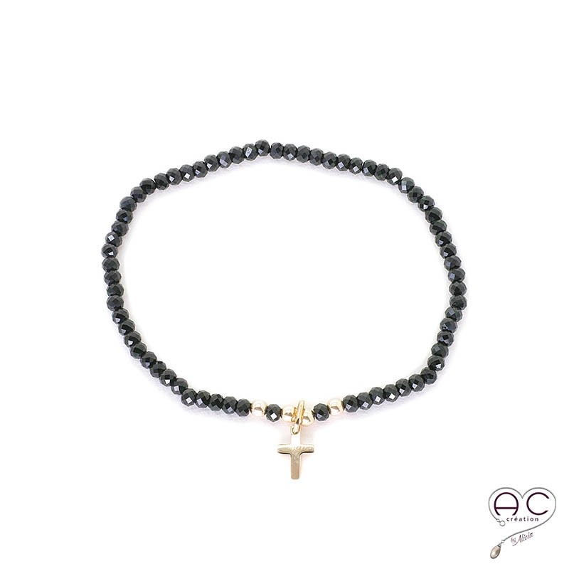 bracelet femme pierre naturelle noir pampille croix or élastique bohème  TOUR DE POIGNET AU CHOIX 15 cm poignet fin