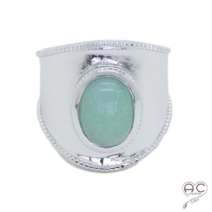 Bague ethnique pierre naturelle verte, aventurine sertie sur un anneau en argent rhodié, femme, bohème 
