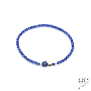 Bracelet lapis lazuli pierre naturelle, plaqué or, élastique, femme, gipsy, bohème, création 