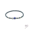 Bracelet lapis lazuli et hématite, pierre naturelle, plaqué or et petit brillant en cristal, élastique, gipsy, bohème, création 