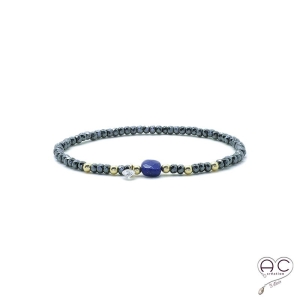 Bracelet lapis lazuli et hématite, pierre naturelle, plaqué or et petit brillant en cristal, élastique, gipsy, bohème, création 