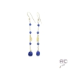 Boucles d'oreilles pierre naturelle bleu lapis lazuli sur une chaîne en plaqué or, longues