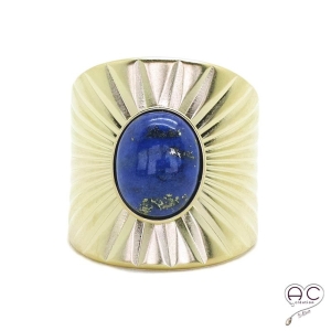 Bague ethnique lapis lazuli, anneau large ouvert en plaqué or satiné, pierre naturelle, bohéme, tendance 