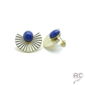 Boucles d\'oreilles ethnique avec lapis lazuli en cabochon, large en plaqué or satiné, pierre naturelle, bohéme, tendance