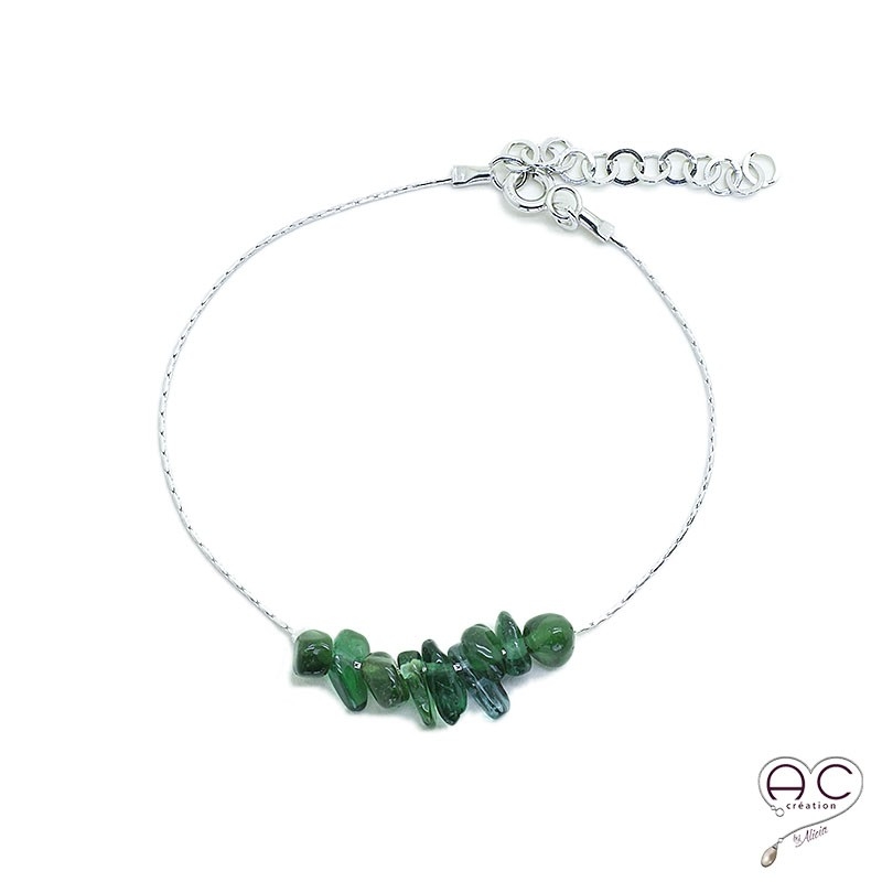 Bracelet tourmaline verte, pierre naturelle sur une chaîne en argent rhodié, création 