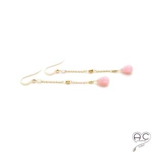 Boucles d'oreilles pierre naturelle opale rose goutte sur une chaîne en plaqué or, longues, pendantes, création, tendance