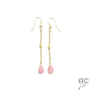 Boucles d'oreilles pierre naturelle opale rose goutte sur une chaîne en plaqué or, longues, pendantes, création, tendance