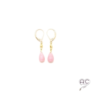 Boucles d'oreilles pierre naturelle opale rose goutte en plaqué or, courtes, pendantes, création, tendance