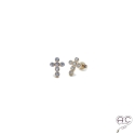 Boucles d\'oreilles croix en plaqué or serti de zirconium brillant , petits, puces, clous, femme
