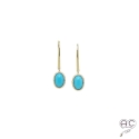 Boucles d\'oreilles avec turquoise nano en cabochon, pierre naturelle ovale, en plaqué or, pendantes, femme