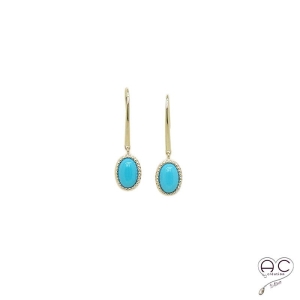 Boucles d'oreilles turquoise, pierre naturelle ovale, en plaqué or, pendantes, femme