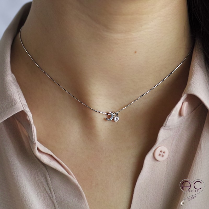 Collier ras de cou croissant de lune et petit brillant en cristal sur une chaîne en argent rhodié, création, tendance