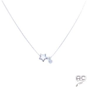 Collier étoile en hématite et petit brillant en cristal sur une chaîne serpent en argent 925 rhodié, ras de cou, création