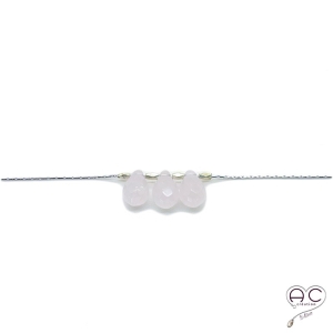 Collier quartz rose ras de cou pierre naturelle, trois gouttes sur une chaîne serpent en argent rhodié, création, tendance