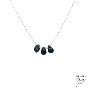 Collier ras de cou pierre naturelle onyx noir, trois gouttes sur une chaîne serpent en argent rhodié, création, tendance