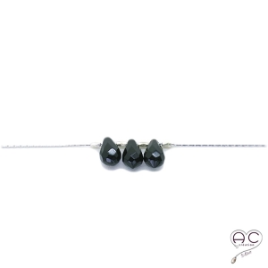 Collier ras de cou pierre naturelle onyx noir, trois gouttes sur une chaîne serpent en argent rhodié, création, tendance