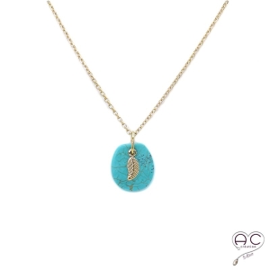 Collier pendentif turquoise et feuille sur une chaîne en plaqué or, création, tendance