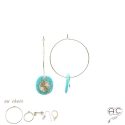 Boucles d\'oreilles créoles avec pendant turquoise et médaille soleil en plaqué or, femme, tendance, création by Alicia