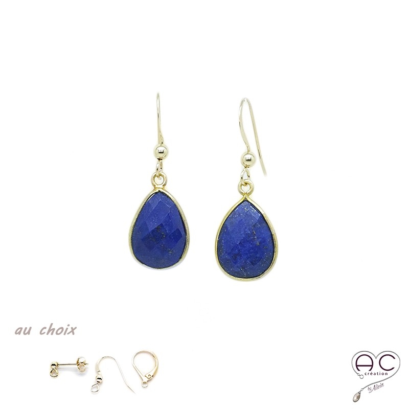 Boucles d'oreilles lapis lazuli goutte, pierre naturelle et plaqué or, pendantes, création