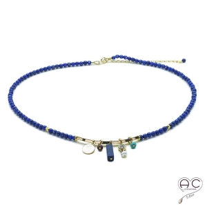 Collier lapis lazuli avec multiples pampilles, ras de cou, pierre naturelle et plaqué or, création, tendance