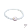 Bracelet perles d'eau douce blanches, noeud en nacre rose et pastille en plaqué or, femme, création