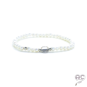 Bracelet perles d'eau douce blanches et pastille en argent 925, femme, création