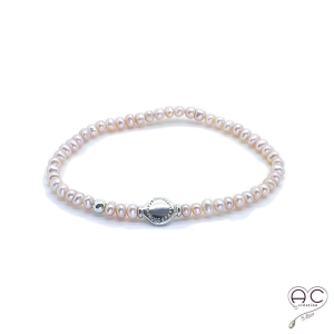 Bracelet perles d'eau douce roses et pastille en argent 925, femme, création by Alicia 