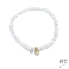 Bracelet perles d'eau douce, pampille médaille en plaqué or et petit brillant en cristal, élastique, gipsy, bohème, création 