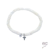 Bracelet perles d'eau douce, croix en argent 925 et petit brillant en cristal, élastique, gipsy, bohème, création 