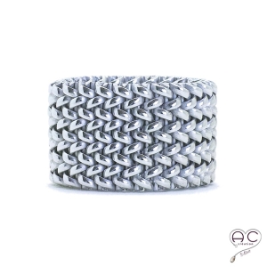 Bague anneau maille tressée souple en argent 925 rhodié, large, flexible femme, tendance