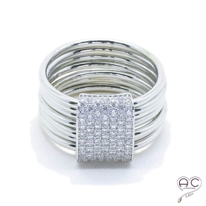 Bague joaillerie semainier barette serti pavé zirconium blanc anneaux multiples argent 925 rhodié