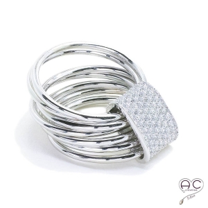 Bague joaillerie semainier barette serti pavé zirconium blanc anneaux multiples argent 925 rhodié