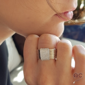 Bague joaillerie semainier barrette serti pavé zirconium blanc anneaux multiples argent 925 rhodié
