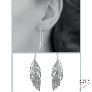 Boucles d'oreilles plumes sur une chaine, traversantes, pendantes, en argent 925rhodié, femme, tendance