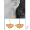Boucles d'oreilles GINKGO feuilles sur une chaine, traversantes, pendantes, en plaqué or, femme, tendance