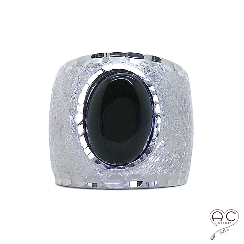 Bague onyx noir cabochon anneau martelé argen rhodié large femme - Main Image
