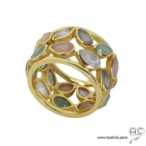 Bague BAYA pierres naturelles multicouleur serti clos tour complet sur anneau ajouré en plaqué or, femme
