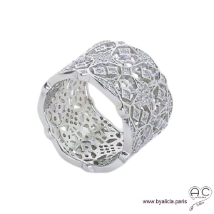 Bague dentelle anneau large serti de zirconium brillant, argent 925 rhodié, joaillerie 