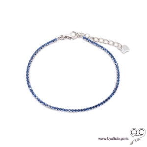 Bracelet ELFY fin, rivière avec zirconium brillant bleu saphir serti sur argent 925 rhodié, souple, femme, joaillerie