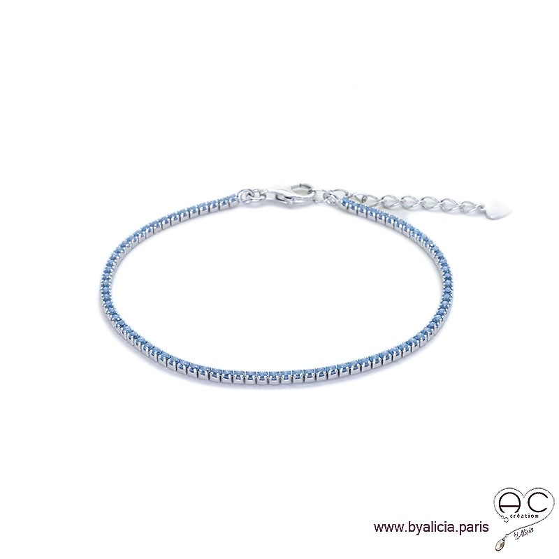 Bracelet ELFY fin, rivière avec zirconium brillant bleu ciel serti sur argent 925 rhodié, souple, femme, joaillerie