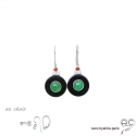 Boucles d\'oreilles rond inspiration Art Déco en onyx noir et jade, argent massif 925 serti de zircon et corail, femme