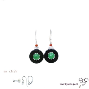 Boucles d'oreilles rond inspiration Art Déco en onyx noir et jade, argent massif 925 serti de zircon et corail, femme