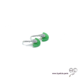 Boucles d'oreilles éventail en jade et argent massif 925 serti de zircon, inspiration Art Déco, femme