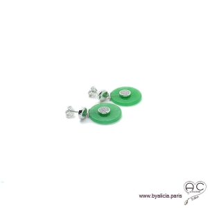 Boucles d'oreilles rondes en jade et argent massif 925 sertis de zircon, inspiration Art Déco, femme