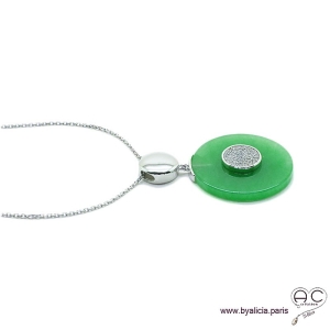Collier pendentif rond en jade et argent massif 925 sertis de zircon, inspiration Art Déco, joaillerie, femme